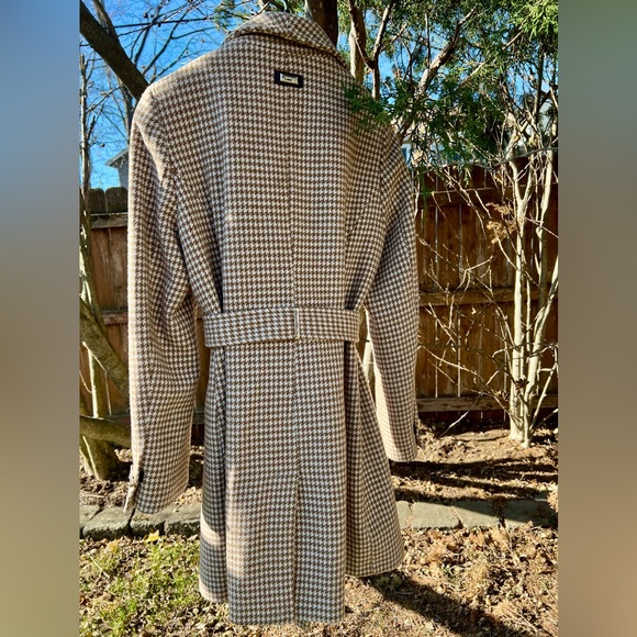 Calvin Klein Wool Shawl Coat women houndstooth M belted plaid khaki cream trench - Picture 12 of 13